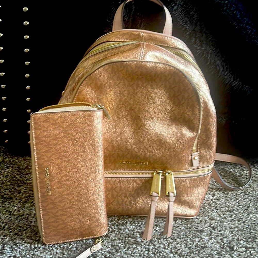 Michael Kors unique shiny  blush monogram backpack purse with matching wallet